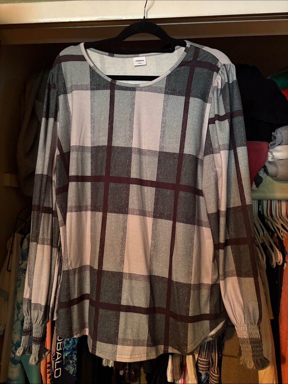 Plaid Long Sleeve Blouse in Grey and Green
